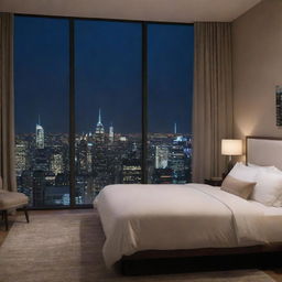 A luxury bedroom with a breathtaking night city view observed through large windows, captured in 4k high definition.