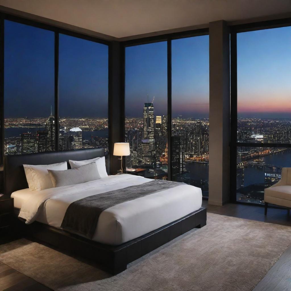 A luxury bedroom with a breathtaking night city view observed through large windows, captured in 4k high definition.