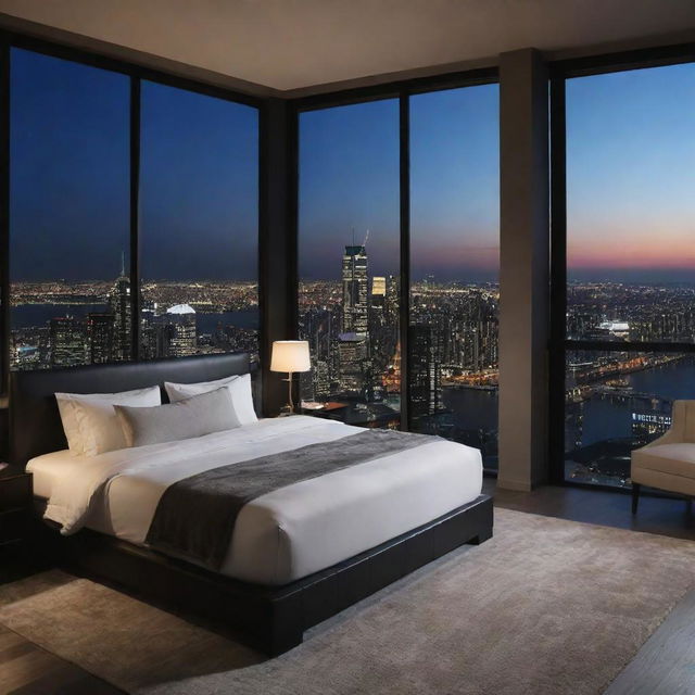 A luxury bedroom with a breathtaking night city view observed through large windows, captured in 4k high definition.