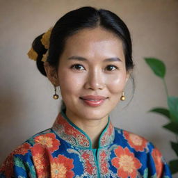 A respectful portrait of a Vietnamese lady, focusing on traditional clothing, detailing the áo dài dress with intricate patterns, her gentle smile and expressive eyes.