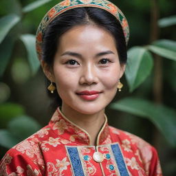 A respectful portrait of a Vietnamese lady, focusing on traditional clothing, detailing the áo dài dress with intricate patterns, her gentle smile and expressive eyes.