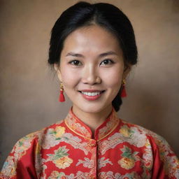 A respectful portrait of a Vietnamese lady, focusing on traditional clothing, detailing the áo dài dress with intricate patterns, her gentle smile and expressive eyes.