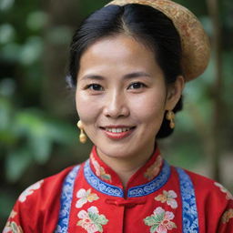 A respectful portrait of a Vietnamese lady, focusing on traditional clothing, detailing the áo dài dress with intricate patterns, her gentle smile and expressive eyes.