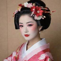 A traditional Japanese geisha in full kimono regalia, with immaculate makeup and an elegant hairdo featuring various kanzashi hair ornaments.