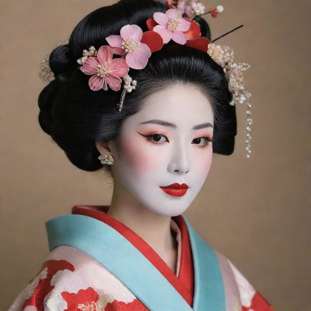 A traditional Japanese geisha in full kimono regalia, with immaculate makeup and an elegant hairdo featuring various kanzashi hair ornaments.