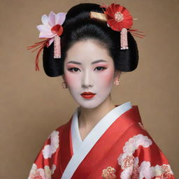 A traditional Japanese geisha in full kimono regalia, with immaculate makeup and an elegant hairdo featuring various kanzashi hair ornaments.