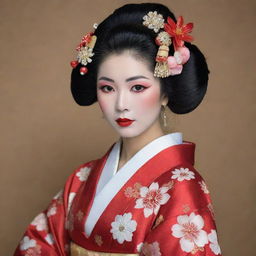 A traditional Japanese geisha in full kimono regalia, with immaculate makeup and an elegant hairdo featuring various kanzashi hair ornaments.