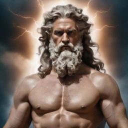 A realistic image of Zeus, the god of the sky and thunder in Greek mythology, depicted in an artful manner