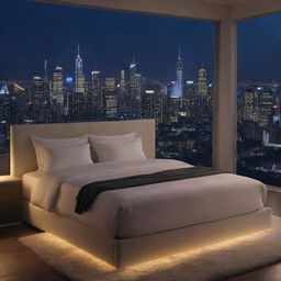 A luxurious bed, set against a panoramic high-definition cityscape, illuminated by the glow of nightlife. The scene is captured in stunning 4k detail.