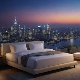 A luxurious bed, set against a panoramic high-definition cityscape, illuminated by the glow of nightlife. The scene is captured in stunning 4k detail.