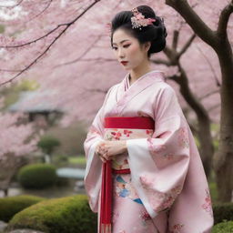 A traditional Japanese geisha from the Edo period. She is standing majestically in a garden filled with cherry blossom trees, her kimono featuring elegant patterns of cranes and clouds, highlighting her vibrant obi sash and elaborate hair accessories.