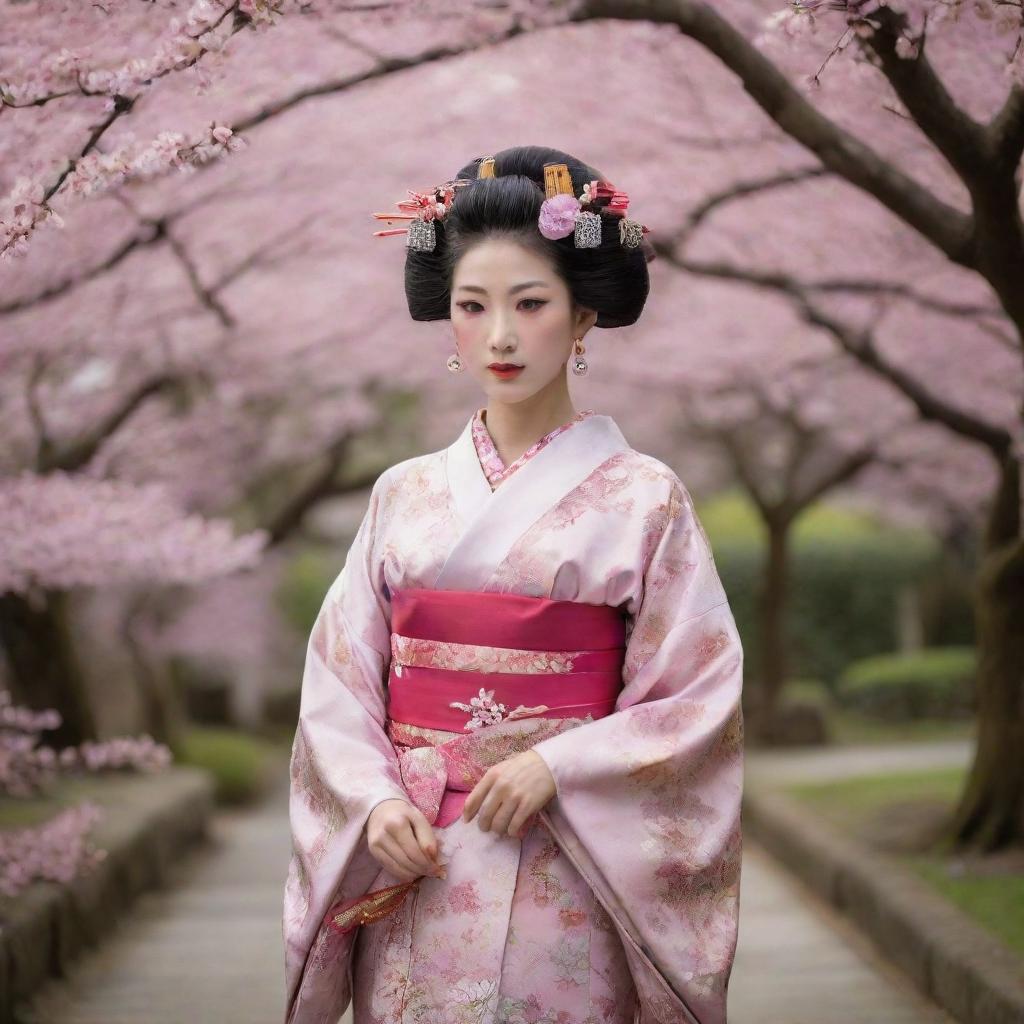 A traditional Japanese geisha from the Edo period. She is standing majestically in a garden filled with cherry blossom trees, her kimono featuring elegant patterns of cranes and clouds, highlighting her vibrant obi sash and elaborate hair accessories.