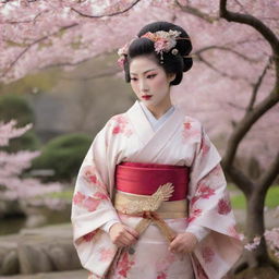 A traditional Japanese geisha from the Edo period. She is standing majestically in a garden filled with cherry blossom trees, her kimono featuring elegant patterns of cranes and clouds, highlighting her vibrant obi sash and elaborate hair accessories.