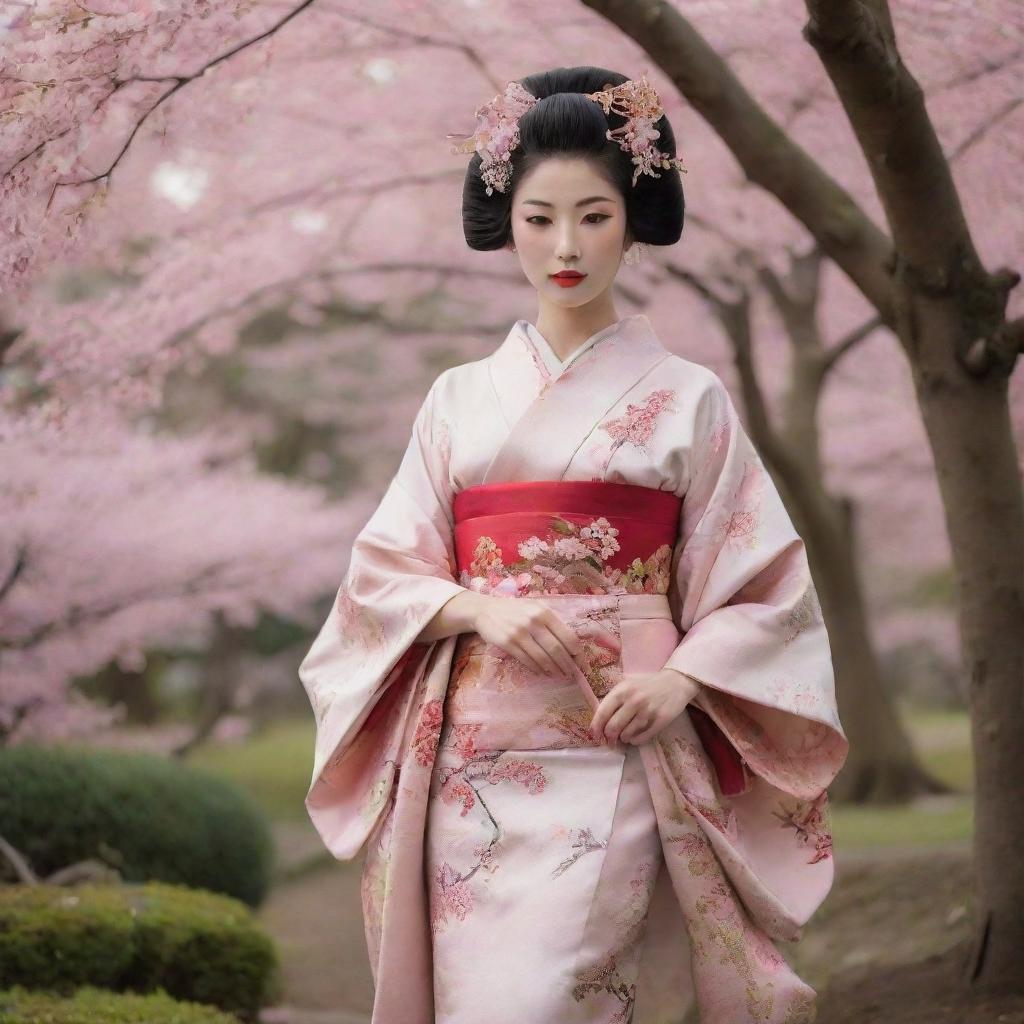 A traditional Japanese geisha from the Edo period. She is standing majestically in a garden filled with cherry blossom trees, her kimono featuring elegant patterns of cranes and clouds, highlighting her vibrant obi sash and elaborate hair accessories.