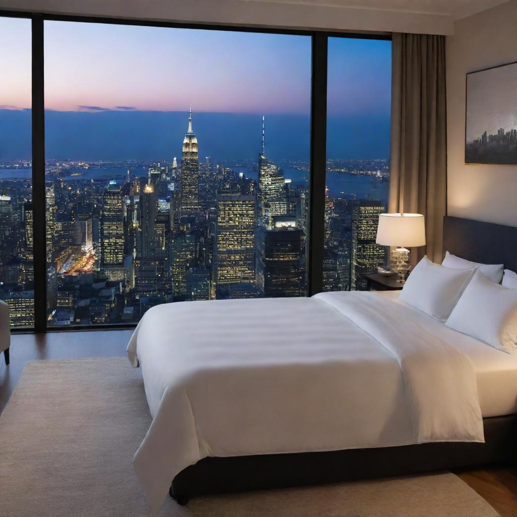 A luxury bed placed before a large window presenting an expansive night city view, composed in a 16:9 high-definition 4K resolution.