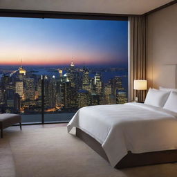 A luxury bed placed before a large window presenting an expansive night city view, composed in a 16:9 high-definition 4K resolution.