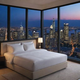 A luxury bed placed before a large window presenting an expansive night city view, composed in a 16:9 high-definition 4K resolution.