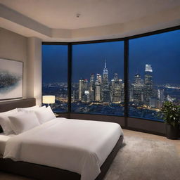 A luxury bed placed before a large window presenting an expansive night city view, composed in a 16:9 high-definition 4K resolution.