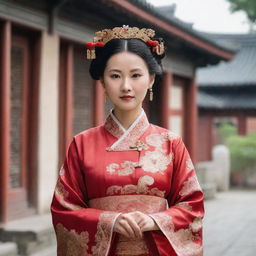 A dignified Chinese lady dressed in elegant, traditional Qing Dynasty attire, standing in an ancient Chinese setting.