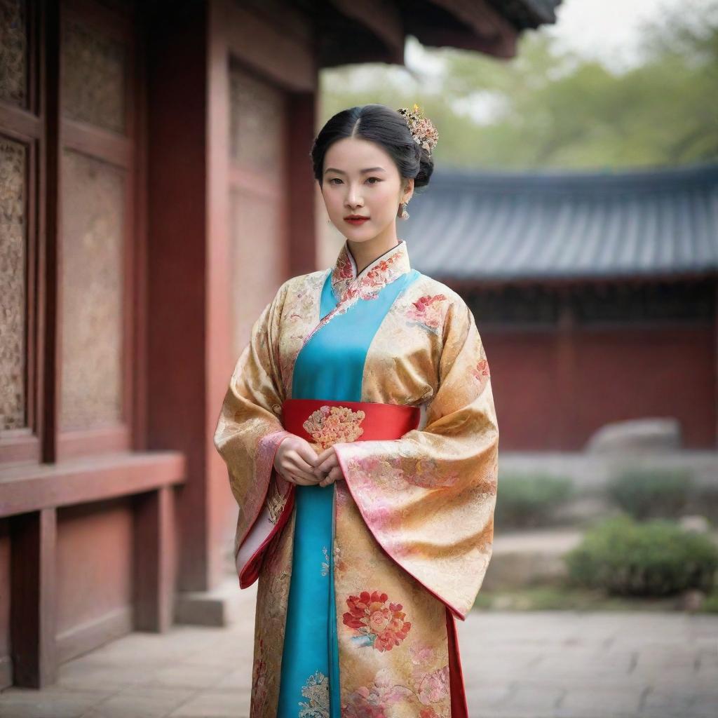 A dignified Chinese lady dressed in elegant, traditional Qing Dynasty attire, standing in an ancient Chinese setting.