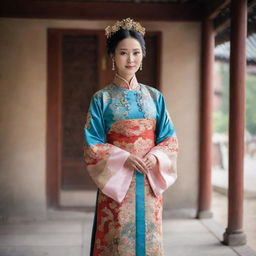 A dignified Chinese lady dressed in elegant, traditional Qing Dynasty attire, standing in an ancient Chinese setting.