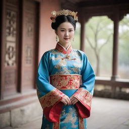 A dignified Chinese lady dressed in elegant, traditional Qing Dynasty attire, standing in an ancient Chinese setting.