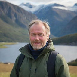 A portrait of a Norwegian man. He is outside, surrounded by typical Norwegian nature. Snowy mountains in the background, a fjord nearby. He is wearing warm outdoor clothing.