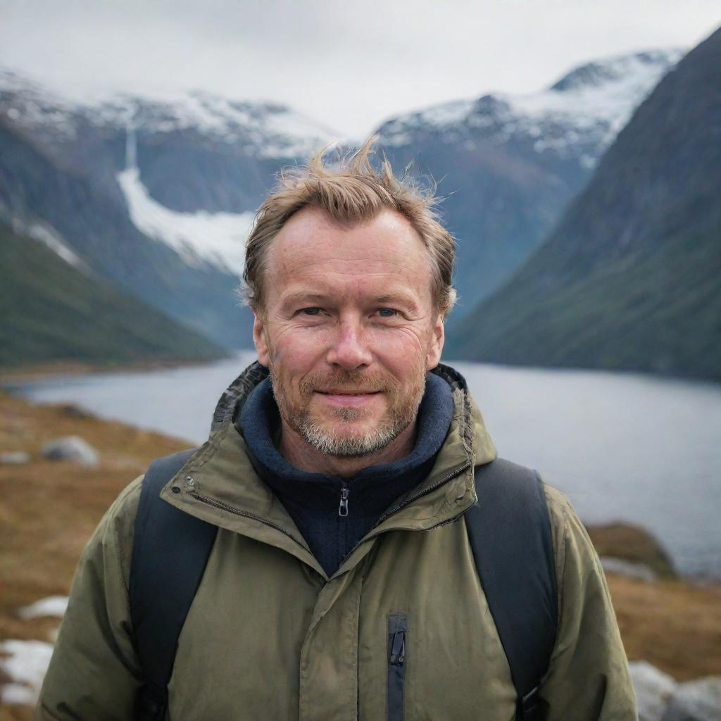 A portrait of a Norwegian man. He is outside, surrounded by typical Norwegian nature. Snowy mountains in the background, a fjord nearby. He is wearing warm outdoor clothing.