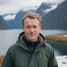 A portrait of a Norwegian man. He is outside, surrounded by typical Norwegian nature. Snowy mountains in the background, a fjord nearby. He is wearing warm outdoor clothing.