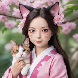 Nezuko from Demon Slayer as a charming calico cat, maintaining her famous bamboo mouthpiece and pink kimono.