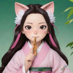 Nezuko from Demon Slayer as a charming calico cat, maintaining her famous bamboo mouthpiece and pink kimono.