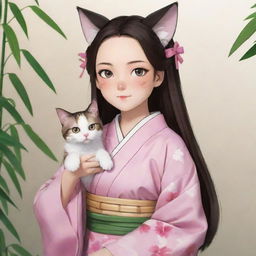 Nezuko from Demon Slayer as a charming calico cat, maintaining her famous bamboo mouthpiece and pink kimono.