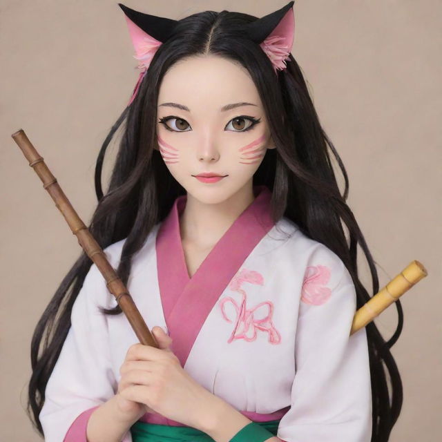 Nezuko from Demon Slayer transformed into a cat, complete with her trademark bamboo stick held delicately in her mouth.