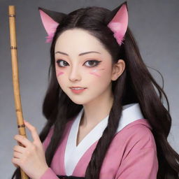 Nezuko from Demon Slayer transformed into a cat, complete with her trademark bamboo stick held delicately in her mouth.