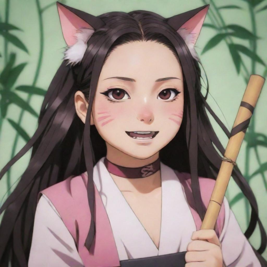 Nezuko from Demon Slayer transformed into a cat, complete with her trademark bamboo stick held delicately in her mouth.