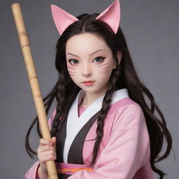 Nezuko from Demon Slayer transformed into a cat, complete with her trademark bamboo stick held delicately in her mouth.