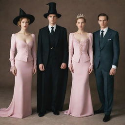 Three gentlemen in elegant suits standing together with three ladies in unique attire: one as a witch, another as a warrior, and the third as a classic maiden.