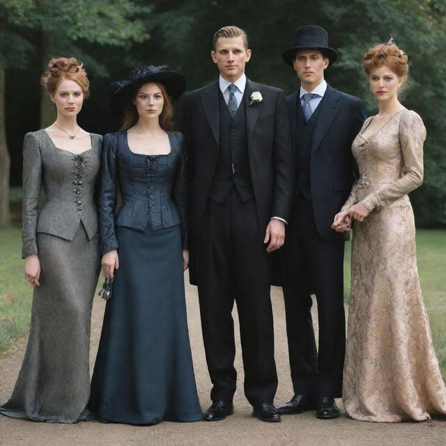 Three gentlemen in elegant suits standing together with three ladies in unique attire: one as a witch, another as a warrior, and the third as a classic maiden.