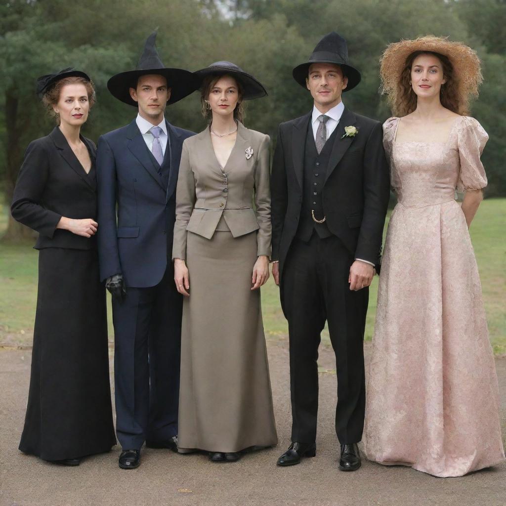 Three gentlemen in elegant suits standing together with three ladies in unique attire: one as a witch, another as a warrior, and the third as a classic maiden.