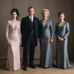 Three gentlemen in elegant suits standing together with three ladies in unique attire: one as a witch, another as a warrior, and the third as a classic maiden.