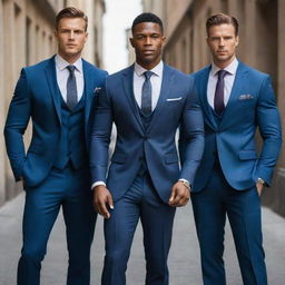 Three muscular men with defined abs, elegantly dressed in stylish suits, posing confidently.