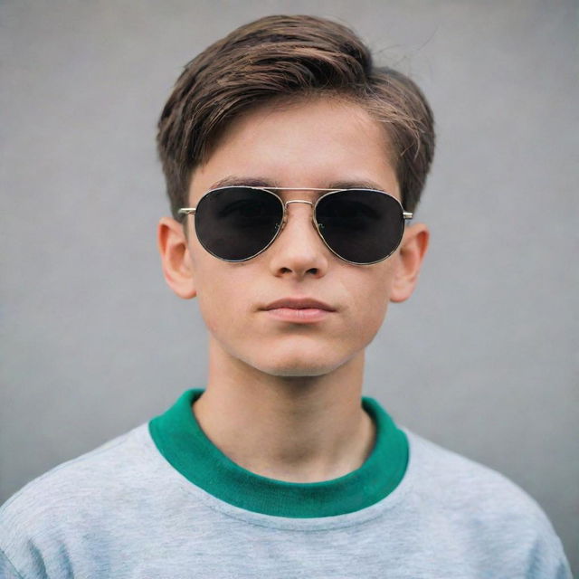 An aesthetic portrait of a boy with a middle line haircut, wearing stylish sunglasses.