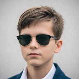 An aesthetic portrait of a boy with a middle line haircut, wearing stylish sunglasses.