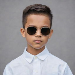 An aesthetic portrait of a boy with a middle line haircut, wearing stylish sunglasses.