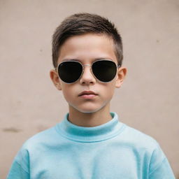 An aesthetic portrait of a boy with a middle line haircut, wearing stylish sunglasses.