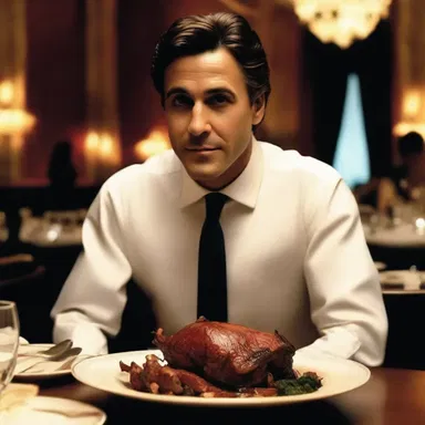 The protagonist in the film ordered a plate of roasted dark meat at the fancy restaurant.