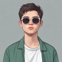 Aesthetic teenager cartoon boy with a middle line haircut, wearing sunglasses.