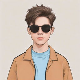 Aesthetic teenager cartoon boy with a middle line haircut, wearing sunglasses.