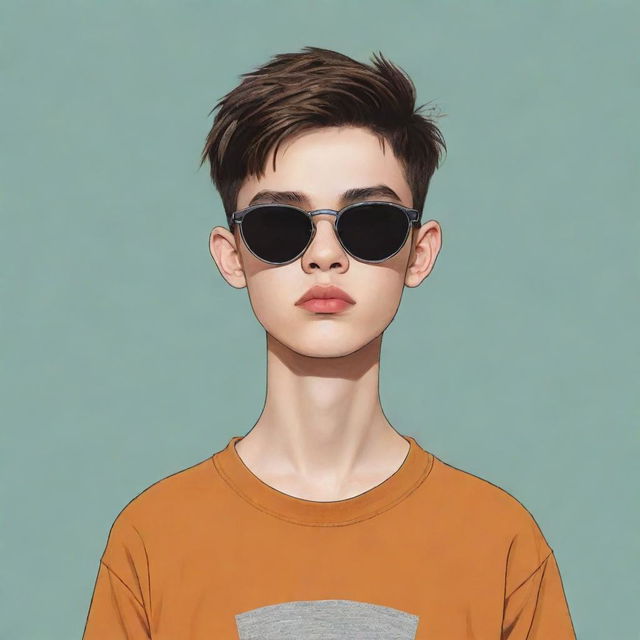 Aesthetic teenager cartoon boy with a middle line haircut, wearing sunglasses.