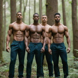 Three fit men with chiseled abs standing amidst a lush forest, under the canopy of tall trees.